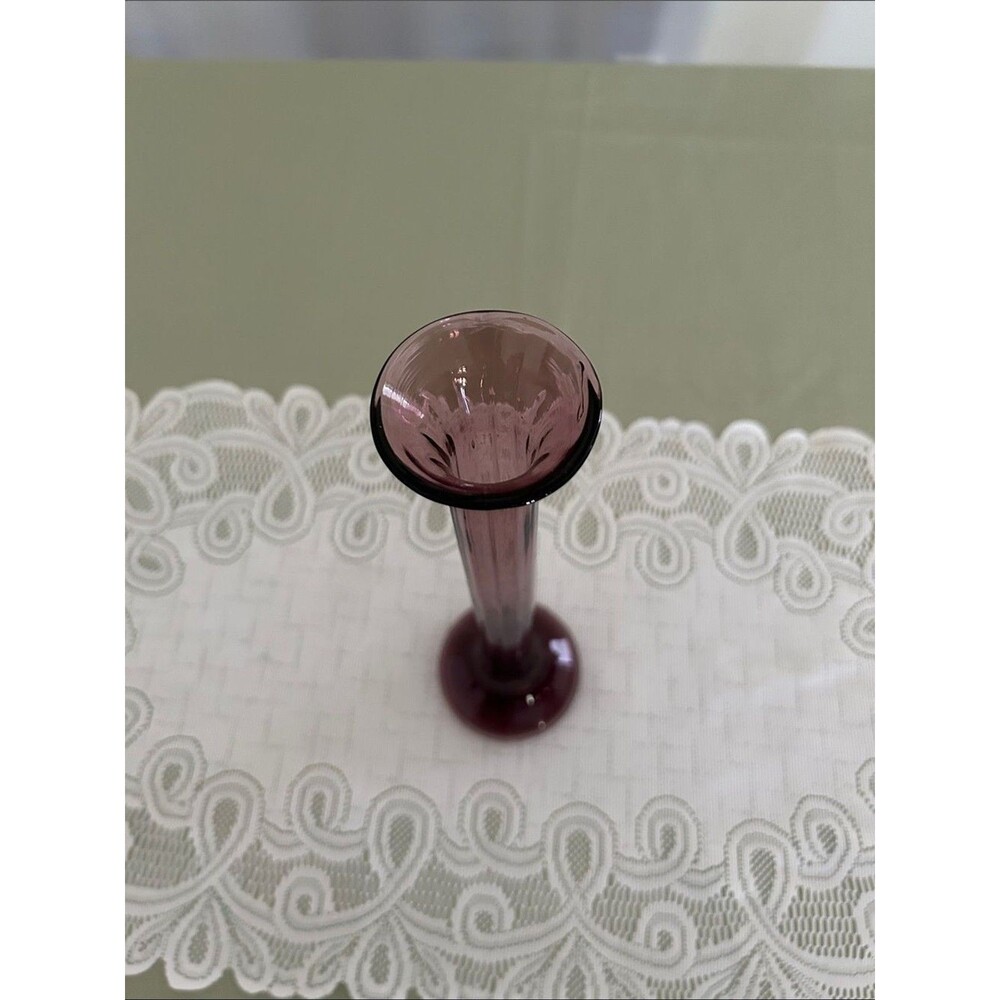 Vtg Amethyst Ribbed Art Glass Bud Vase 12 in high,  round base. - Picture 2 of 5